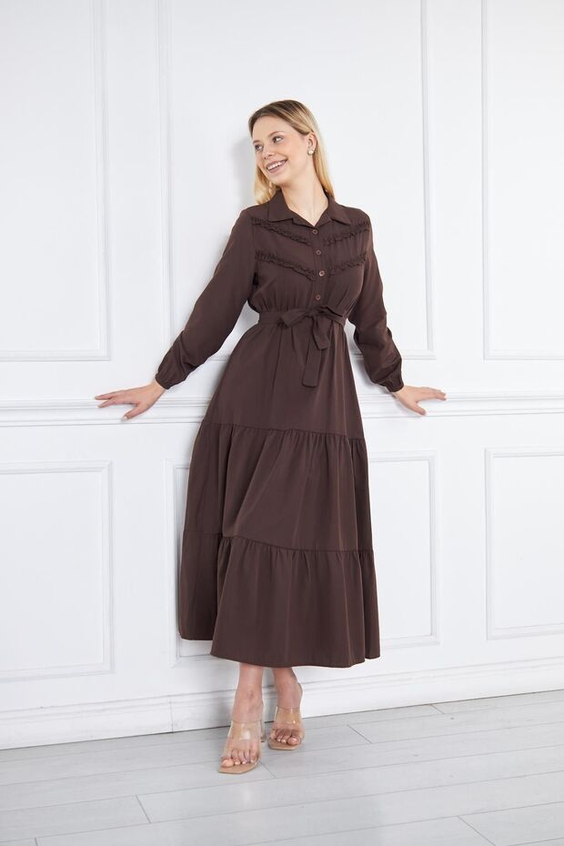 Rochie lungă maro elegantă, pliată, pliată - 5