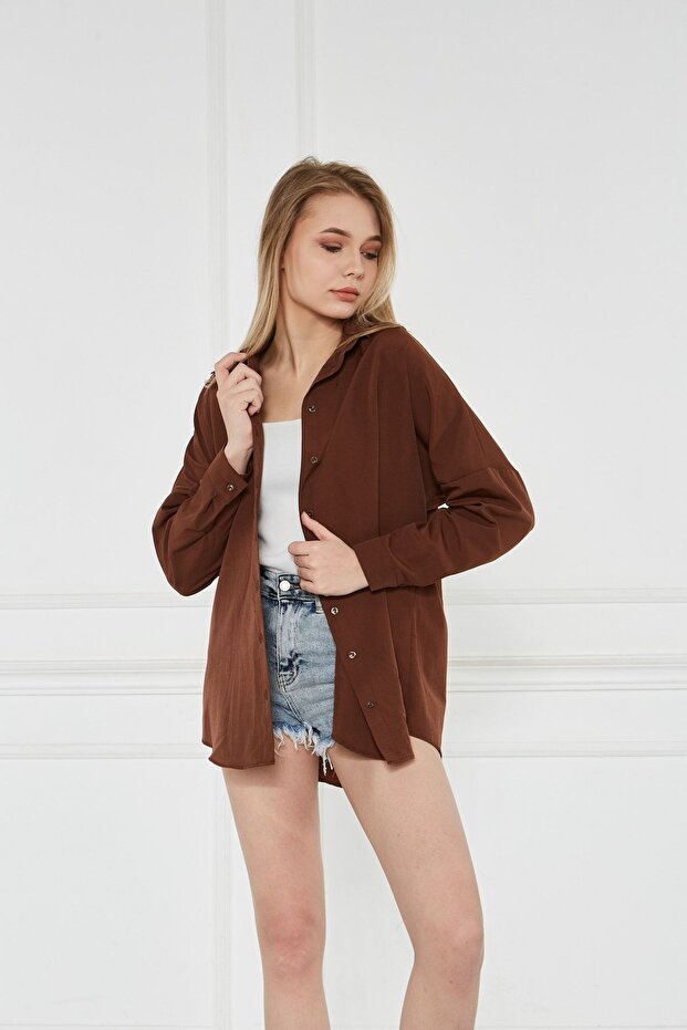 Kadın Oversize Uzun Basic Kahve Gömlek - 4