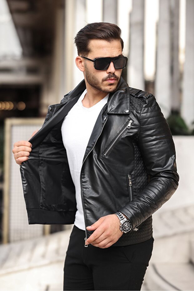 Çapraz Fermuar Erkek Deri Ceket - 3