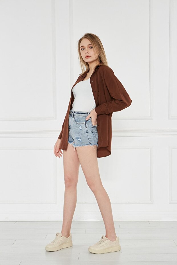Kadın Oversize Uzun Basic Kahve Gömlek - 5