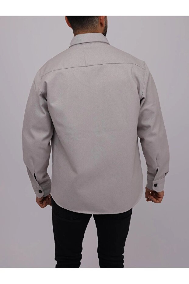 Erkek Basic Yün Efektli Örme Uzun Kol Gri Bol Gömlek - 4