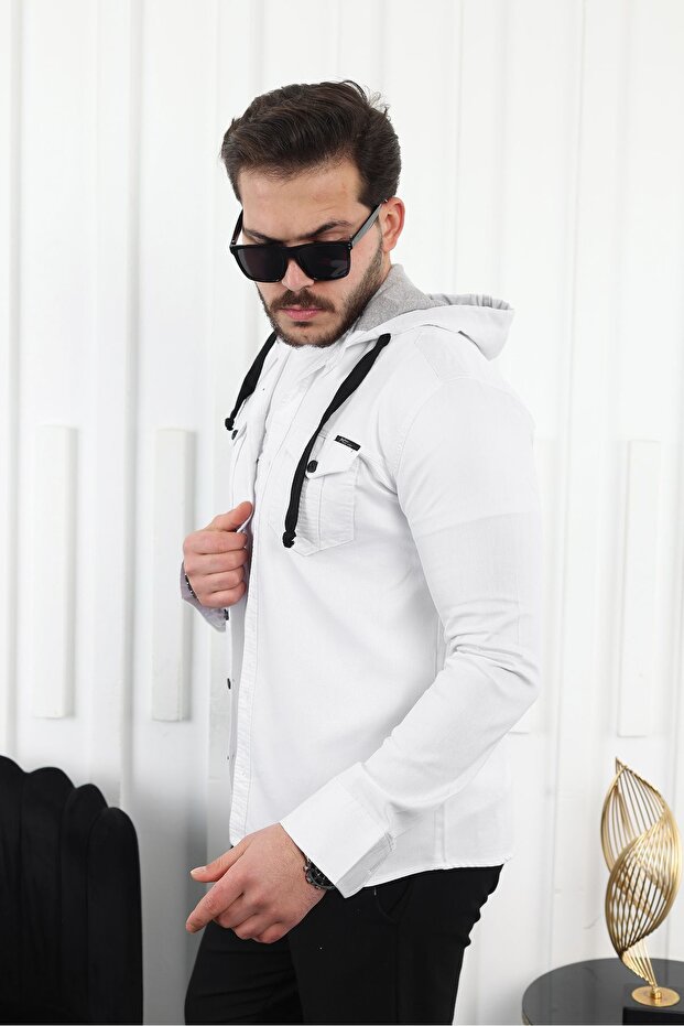 Erkek Slim Fit Dar Basic Kapüşonlu Beyaz Kot Gömlek - 3
