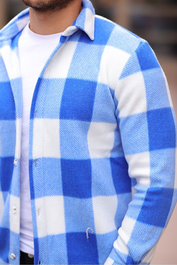 Erkek Kışlık Basic Polar Oversize Mavi Oduncu Gömlek - 2