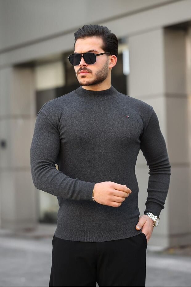 Herren-Pullover aus Baumwolle mit halbem Rollkragen in Anthrazit