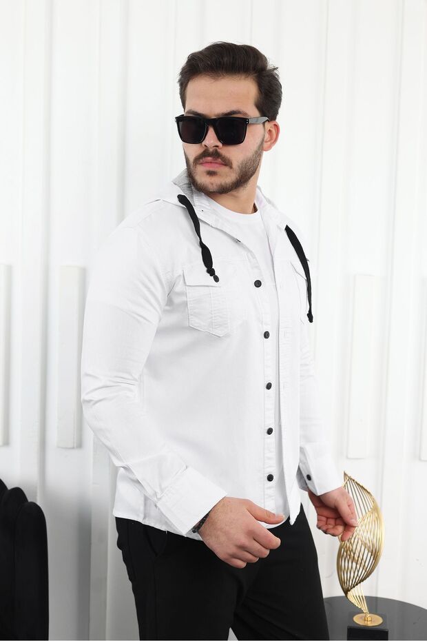 Erkek Slim Fit Dar Basic Kapüşonlu Beyaz Kot Gömlek - 2