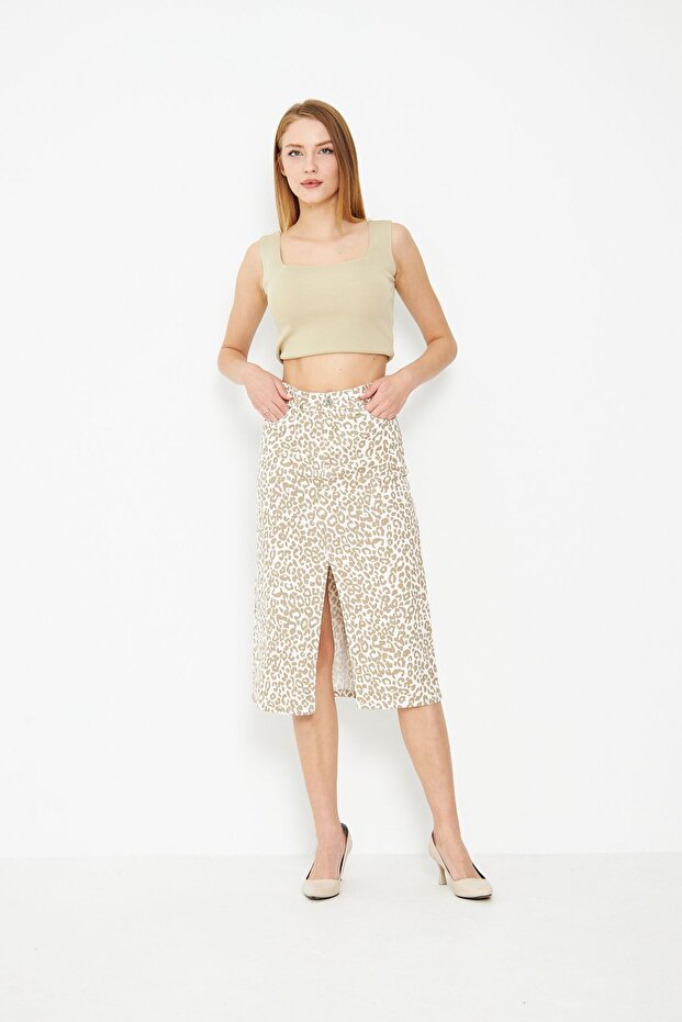 ليوبارد منقوشة تنورة الدنيم الشق - 5