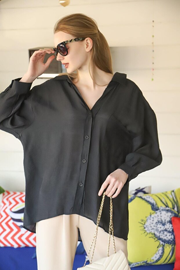 Kadın Siyah Owersize Uzun Basic Gömlek - 4