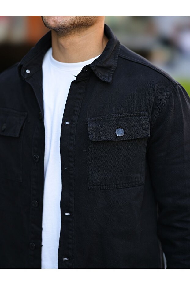 Erkek Oversize Kapak Cep Basic Bol Siyah Kot Gömlek - 2