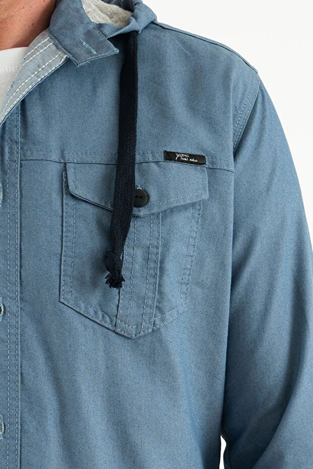 Erkek Slim Fit Dar Basic Kapüşonlu Mavi Kot Gömlek - 2