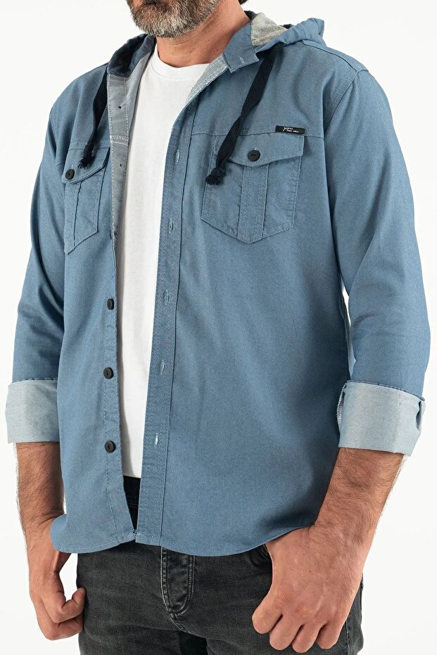 Erkek Slim Fit Dar Basic Kapüşonlu Mavi Kot Gömlek - 3