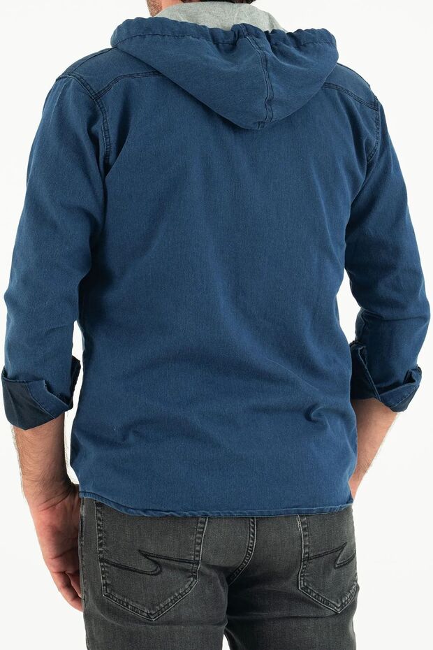 Erkek Slim Fit Dar Basic Kapüşonlu Laci Kot Gömlek - 5