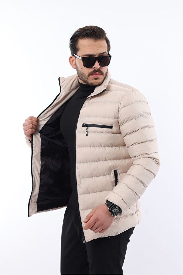 Jachetă puf elegantă, crem, la modă, cu fermoar - 1