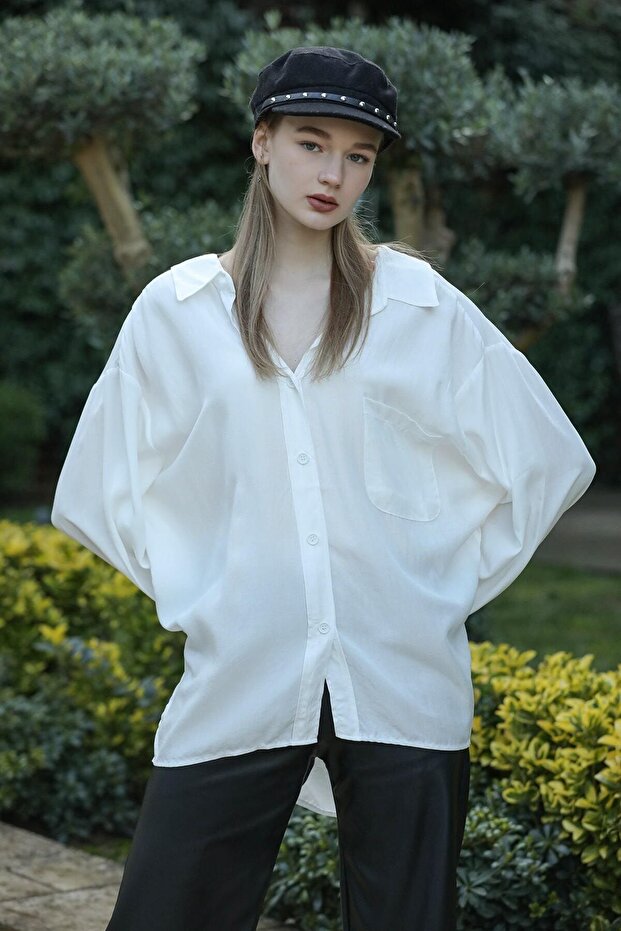 Kadın Beyaz Owersize Uzun Basic Gömlek - 4