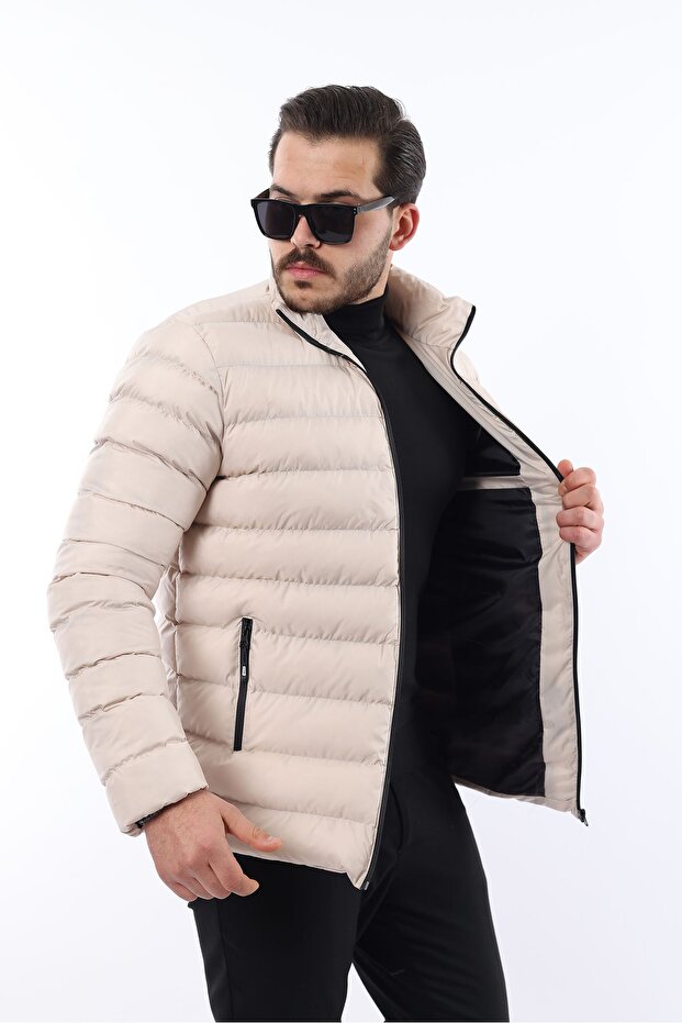 Jachetă puf elegantă, crem, la modă, cu fermoar - 2