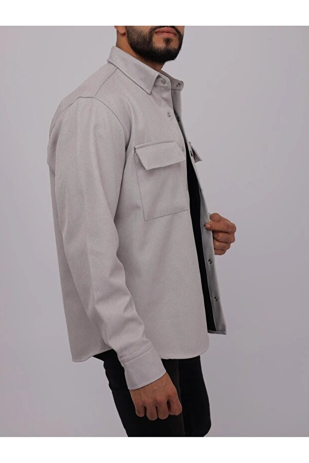 Erkek Basic Yün Efektli Örme Uzun Kol Gri Bol Gömlek - 3