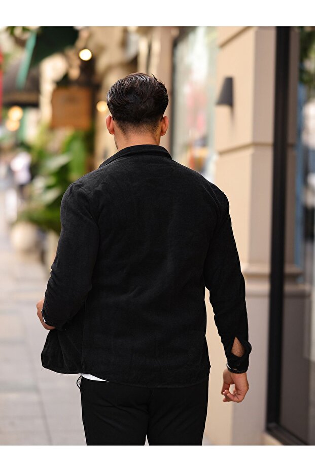 Erkek Basic Uzun Kol Dar Pamuklu Siyah Polar Gömlek - 4