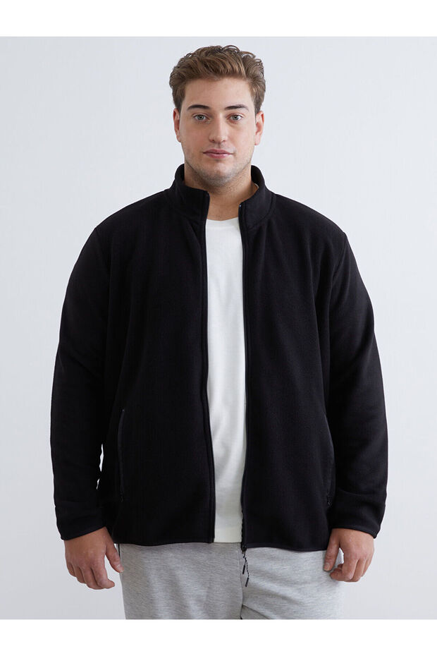 Black Standard Fit Mock Neck Fleece Men's Zippered Sweatshirt