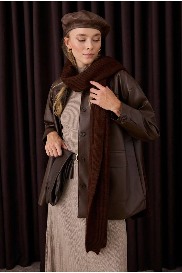 Düz Örgü Atkı Kahve - 4