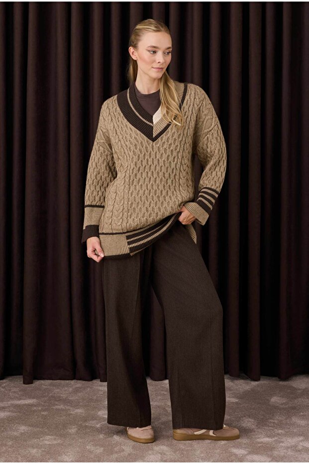 Striped Detailed Textured Sweater Mink
