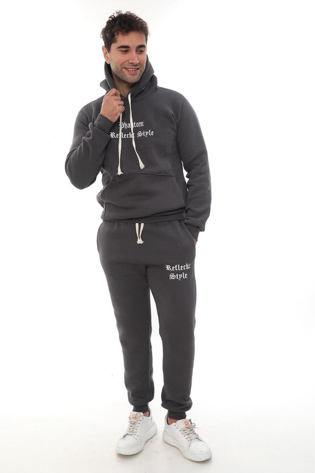Men's Smoked Hooded Kangaroo Pocket Fleece-Lined 3 Thread Winter Casual Tracksuit Set with Fleece Inside