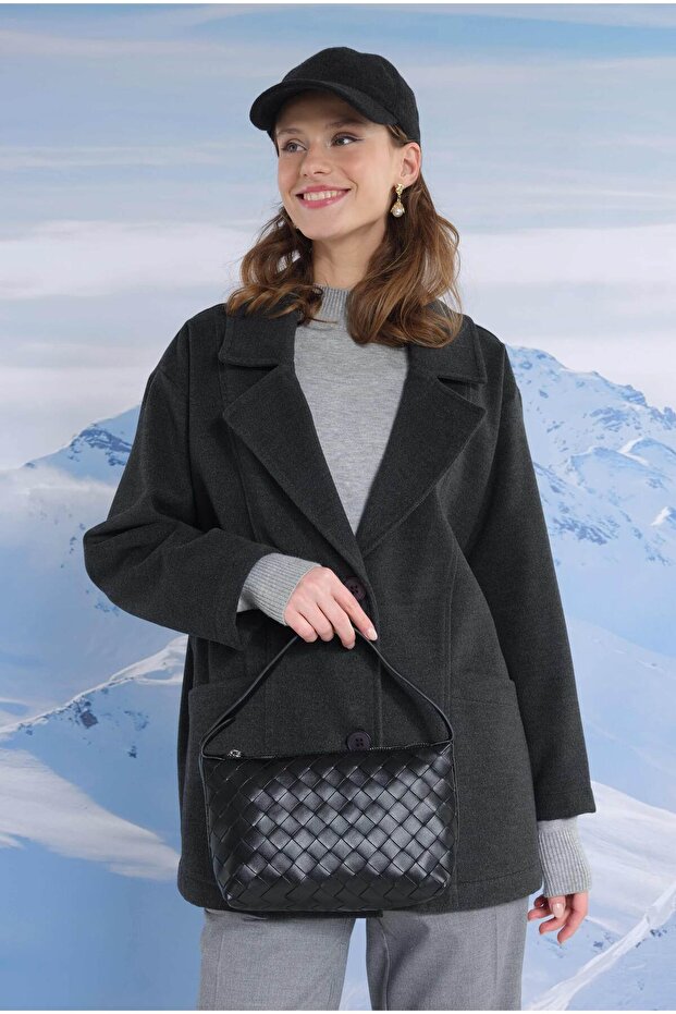 Geniş Yaka Kaşe Kaban Antrasit - 2