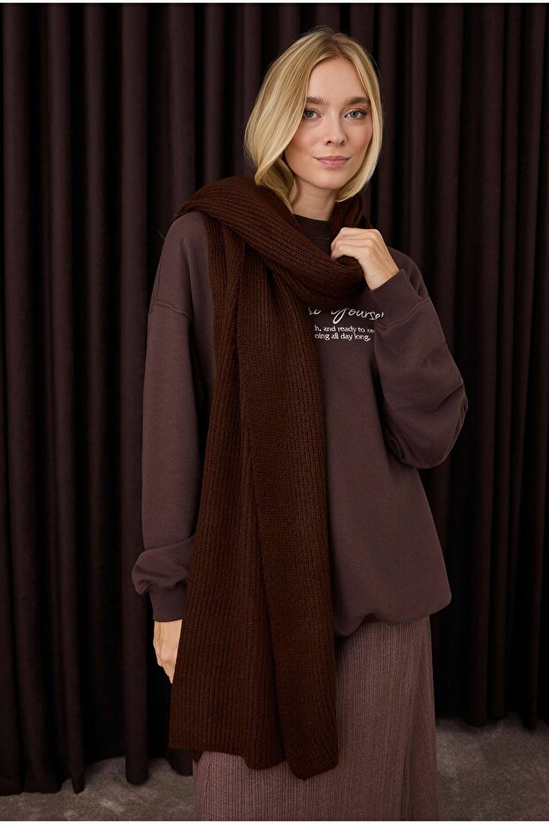 Düz Örgü Atkı Kahve - 3