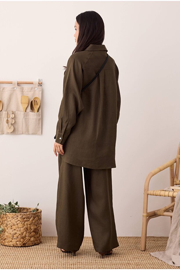 Pileli Basic Keten Pantolon Fındık - 3