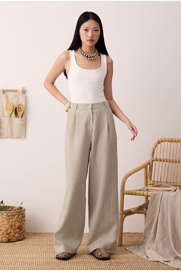 Pileli Basic Keten Pantolon - 1