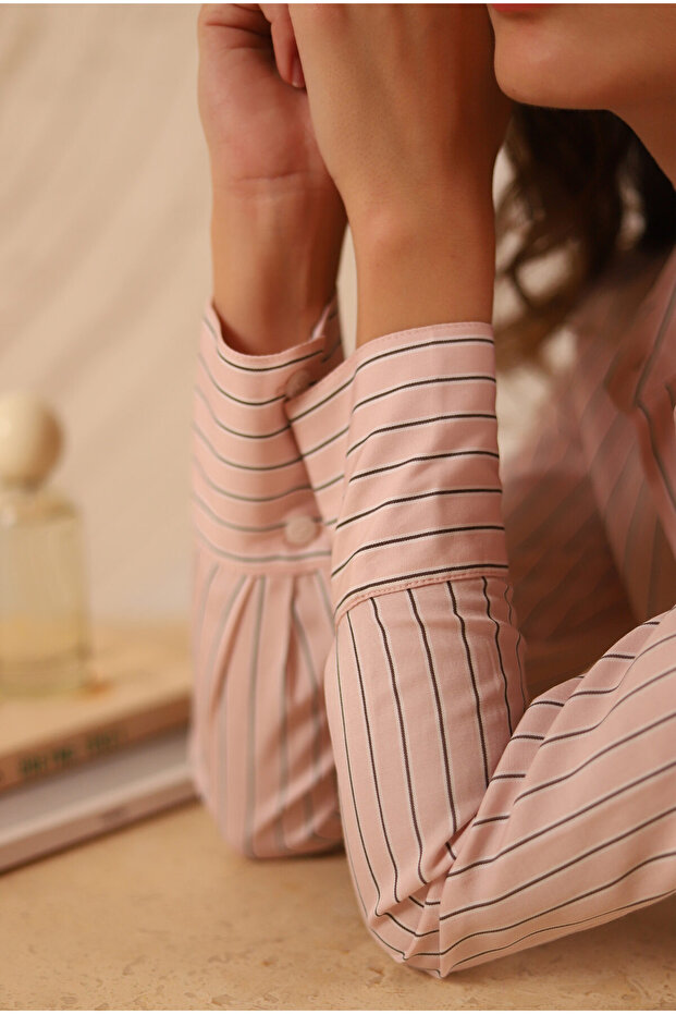 Çizgili Fit Gömlek Pembe - 3