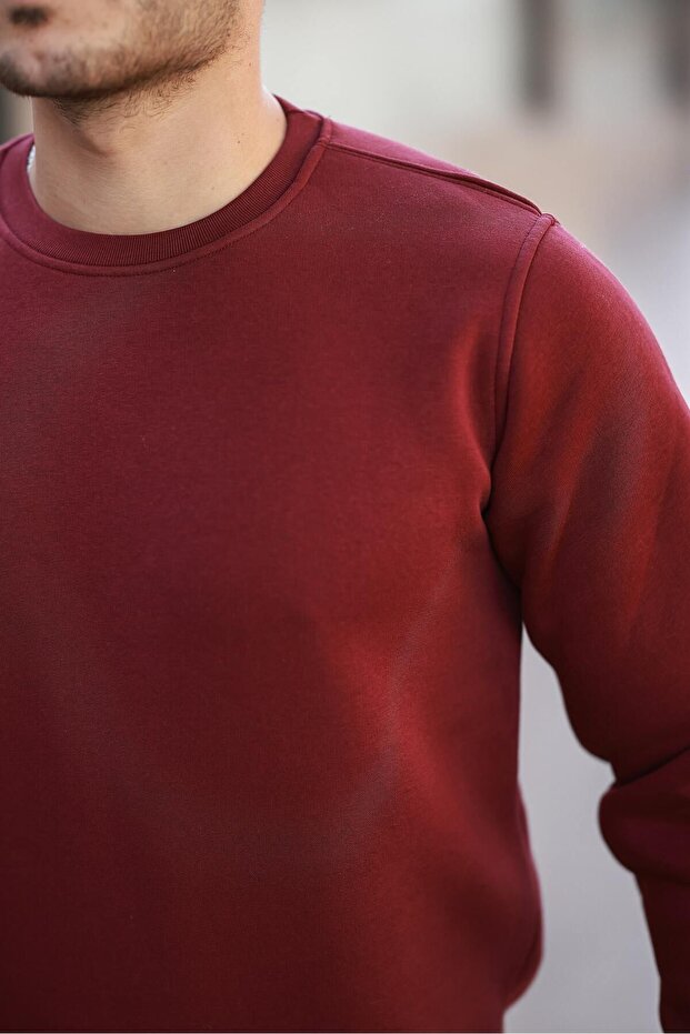 Erkek Oversize Basic Pamuklu Kışlık Bordo Bol Sweat - 2