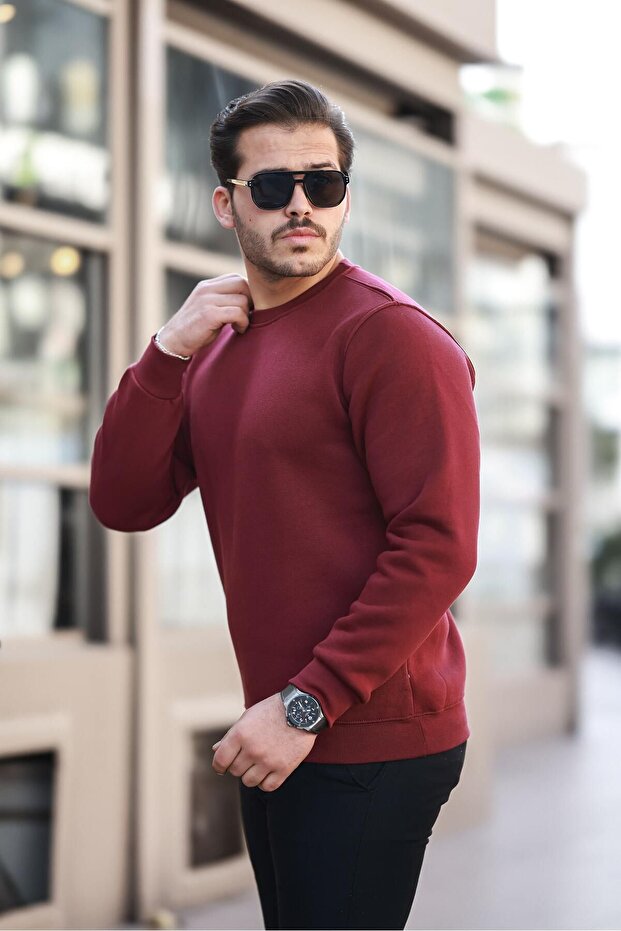 Erkek Oversize Basic Pamuklu Kışlık Bordo Bol Sweat - 3