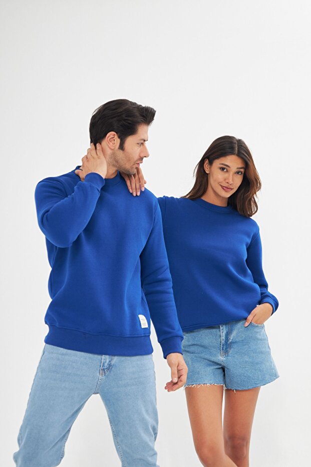 Unisex Basic Bisiklet Yaka Kalın Kışlık Mavi Sweat - 3