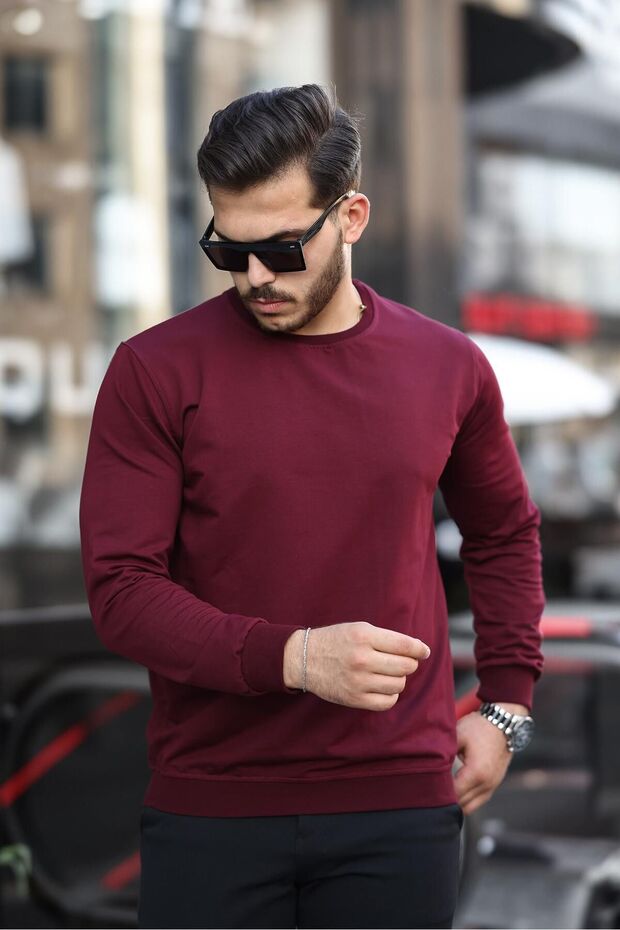 Erkek Bisiklet Yaka Basic Uzun Kollu Dar Bordo Sweat - 1