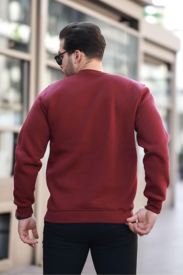 Erkek Oversize Basic Pamuklu Kışlık Bordo Bol Sweat - 4