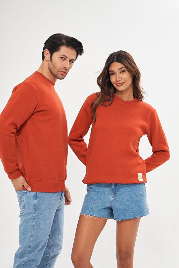 Unisex Basic Bisiklet Yaka Kalın Kışlık Oranj Sweat - 1