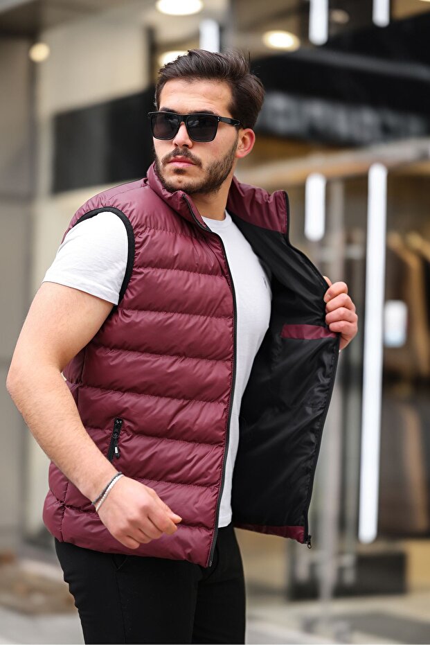 Men's Sleeveless Zippered Pocket Basic Burgundy Puffer Vest