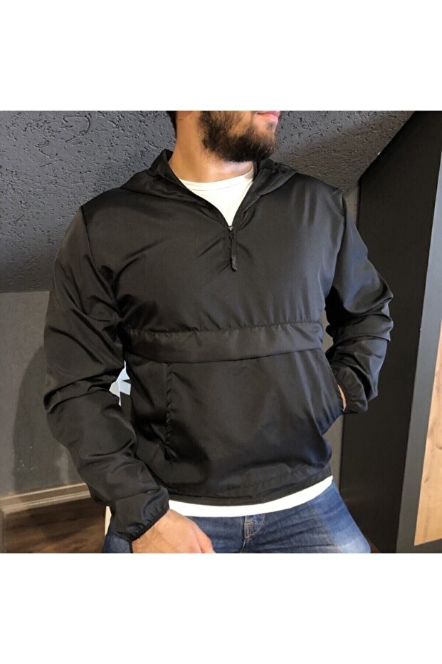 Unisex Black Thin Kangaroo Pocket Raincoat