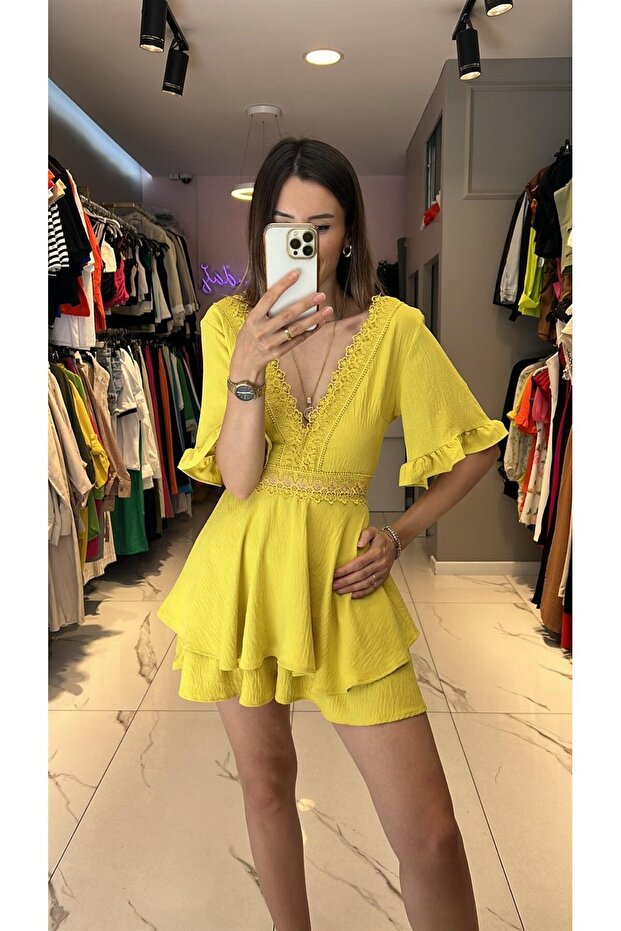 Dantel İşlemeli Şort Tulum - 1