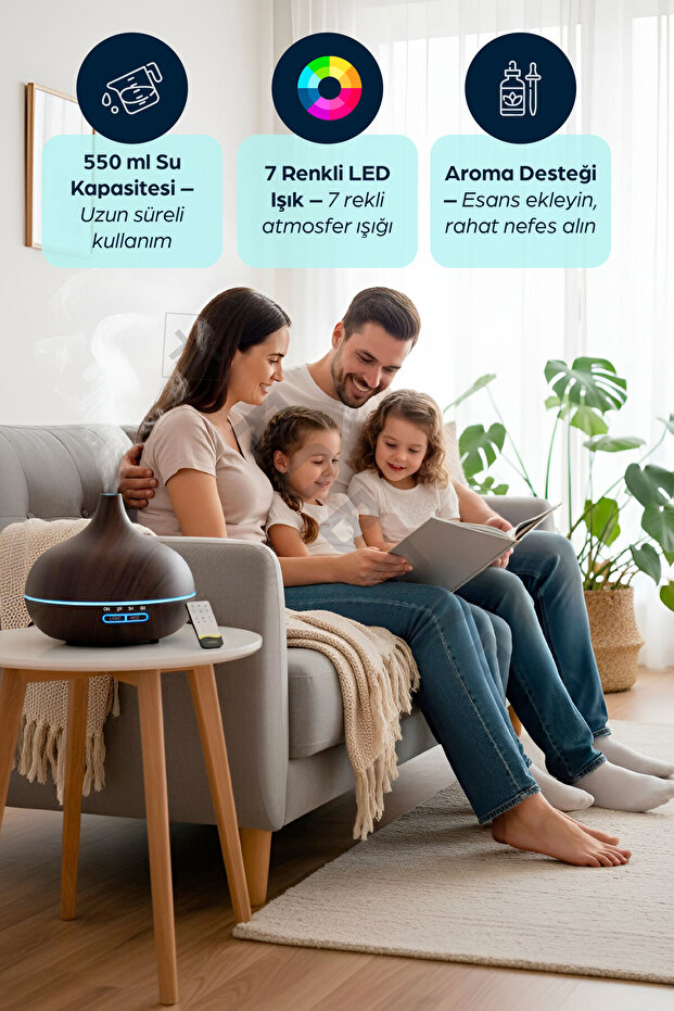 550 ml Hava Nemlendirici Buhar Makinesi Ultrasonik Aroma Difüzör Oda Nemlendirici Işıklı Koyu - 5