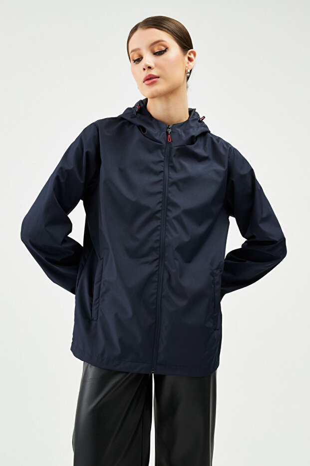 Navy Blue Hooded and Pocketed Women's Raincoat - Windbreaker Jacket