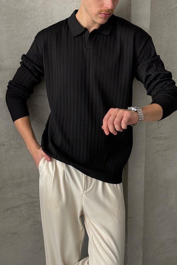 Men's Slim Fit Polo Neck Ribbed Knitwear Sweater -26107