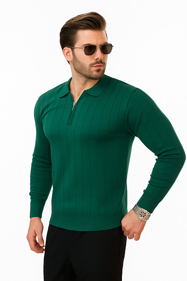 Men's Slim Fit Polo Neck Zippered Ribbed Sweater - 4001