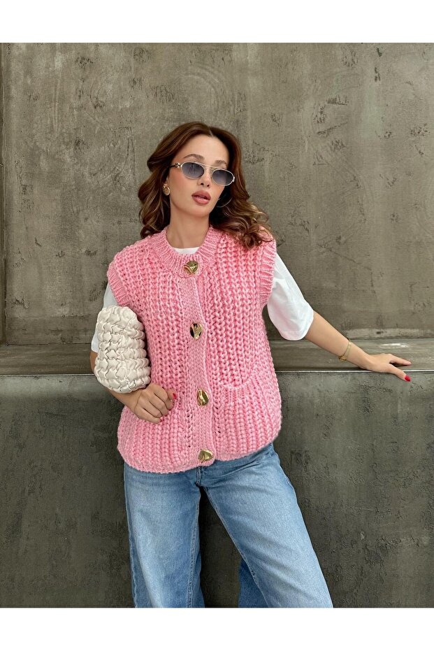 Gold Düğmeli Örme Triko Yelek - 6