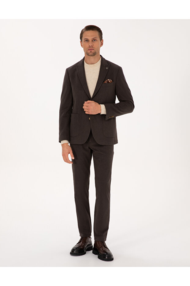 Brown Slim Fit Flannel Textured Fabric Trousers 50317639-Vr029