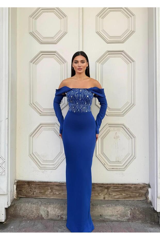 Body-hugging sequined long evening gown with detachable sleeves 583329 Navy Blue