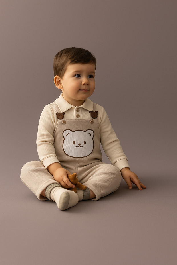 Long-Sleeve Strappy Romper, Cute Animal Patterned Shirt Collar Baby Set