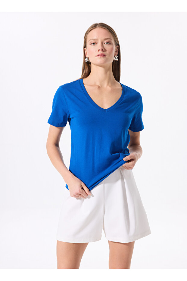 Çivit Kadın V Yaka Basic T-Shirt TEYO - 1