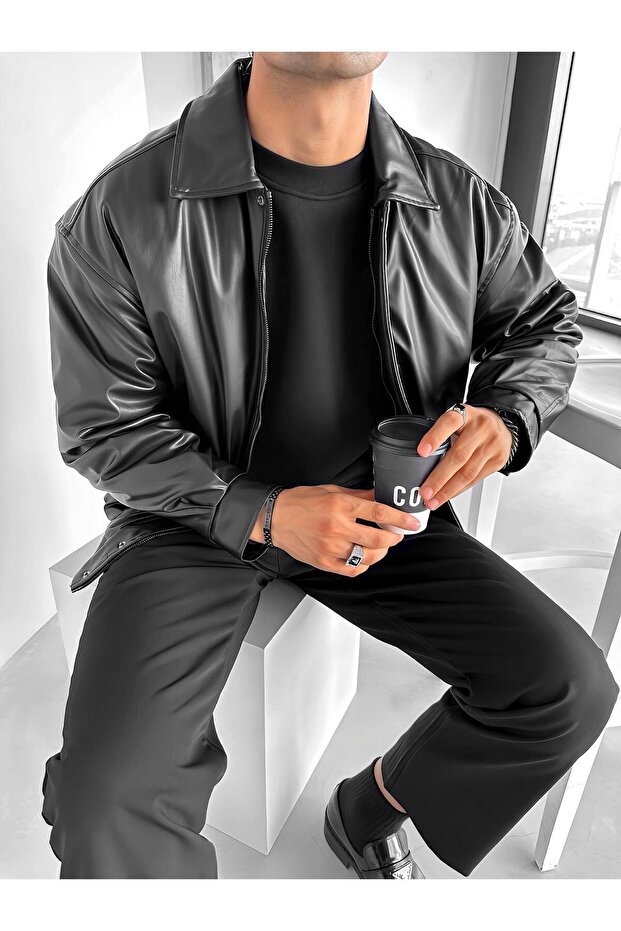 Erkek Oversize Premium Basic Deri Ceket Siyah - 2