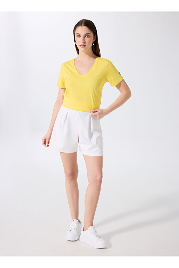 Sarı Kadın V Yaka Basic T-Shirt TEYO - 2