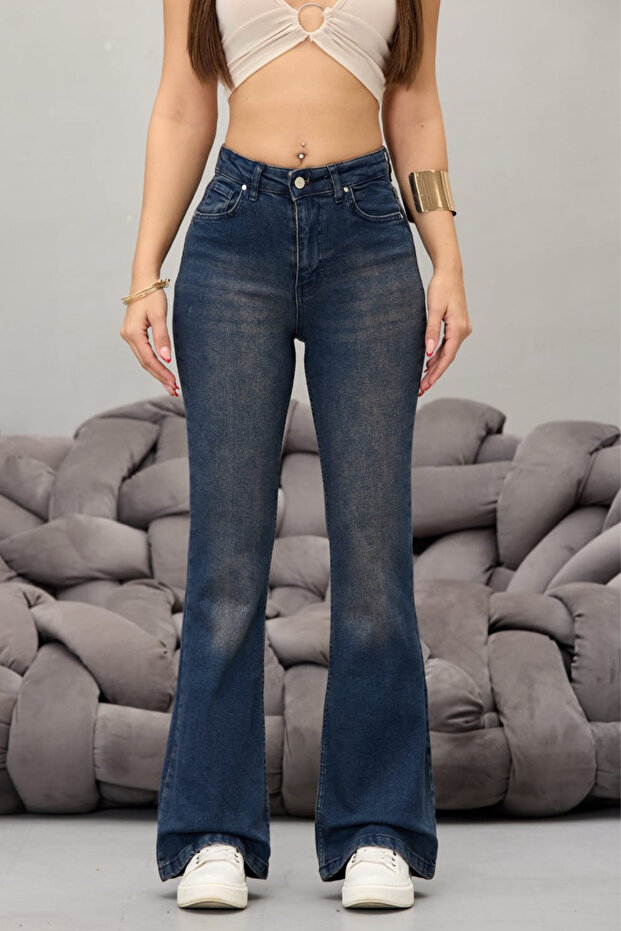 Női, magas derekú, rugalmas, széles szárú farmernadrág - 1